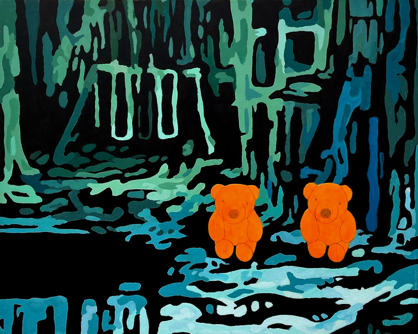 Bears in the yard, 2023, acrylic, graphite, &amp; matte gel on canvas, 20&quot;x16&quot;. (unavailable)