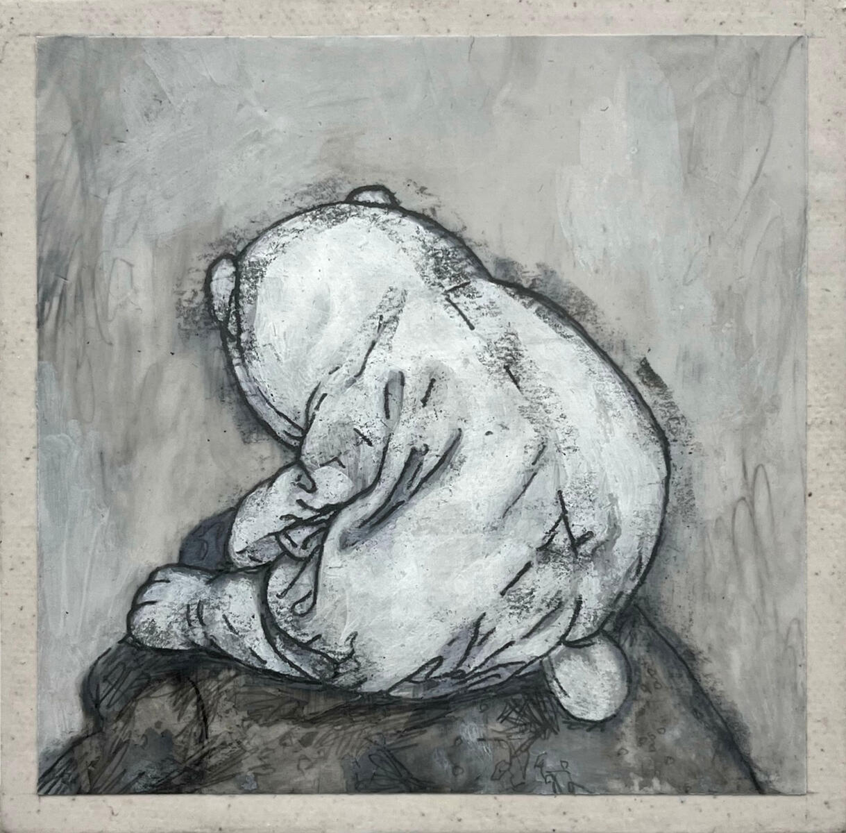 Shoulder to cry on, 2023, graphite, acrylic, & molding paste on canvas, 5"x5". (available)