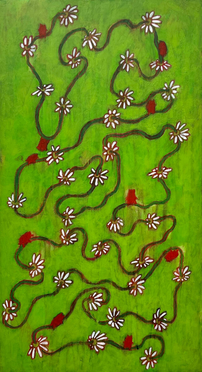 Daisy chain, 2022, acrylic, matte gel, &amp; watercolor crayon on canvas, 13”x24”. (unavailable)