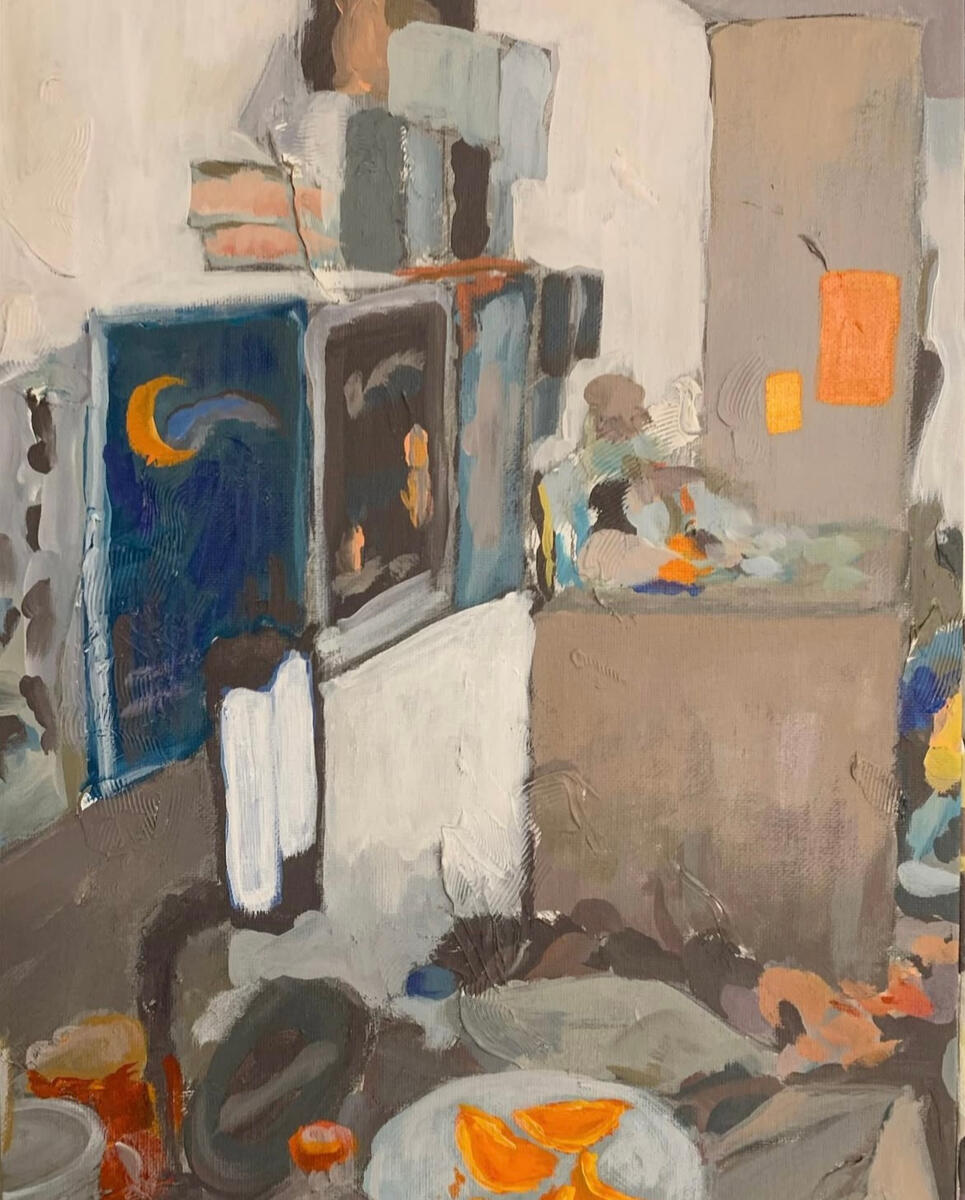 Bedroom I, 2021, acrylic & molding paste on canvas panel, 12"x16". (unavailable)