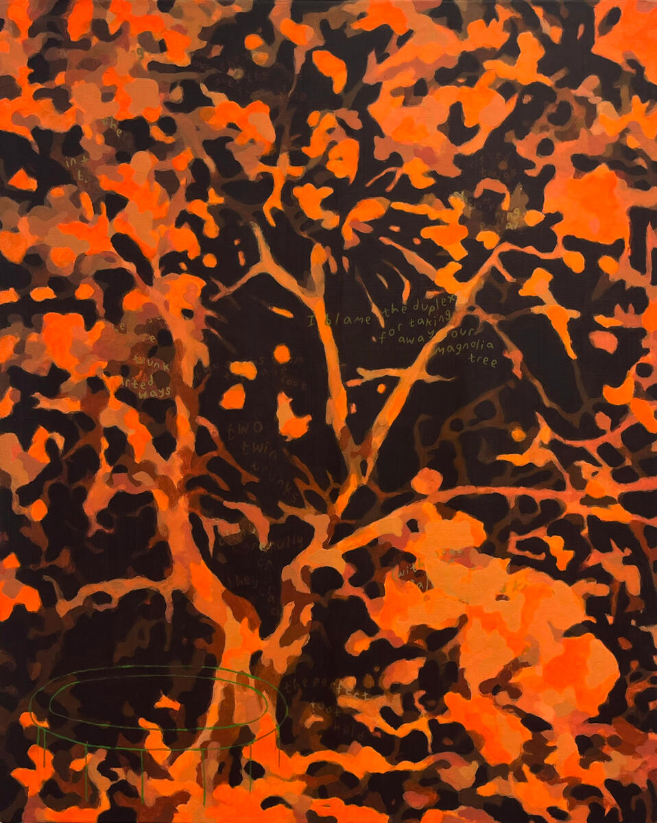 Magnolia tree, 2023, acrylic &amp; matte medium on canvas, 16&quot;x20&quot;. (available)