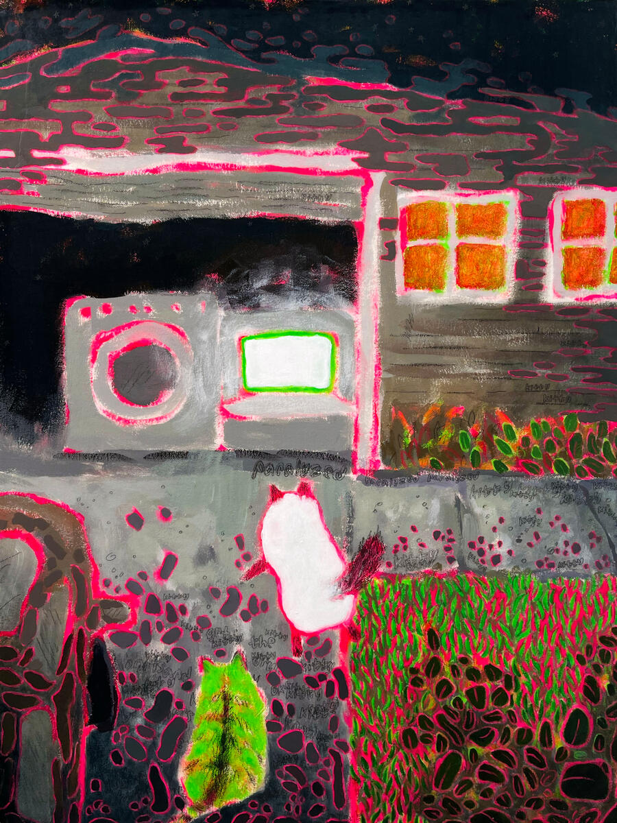 Boris and Gary, 2022, acrylic, graphite, &amp; gloss gel on canvas, 15&quot;x20&quot;. (available)